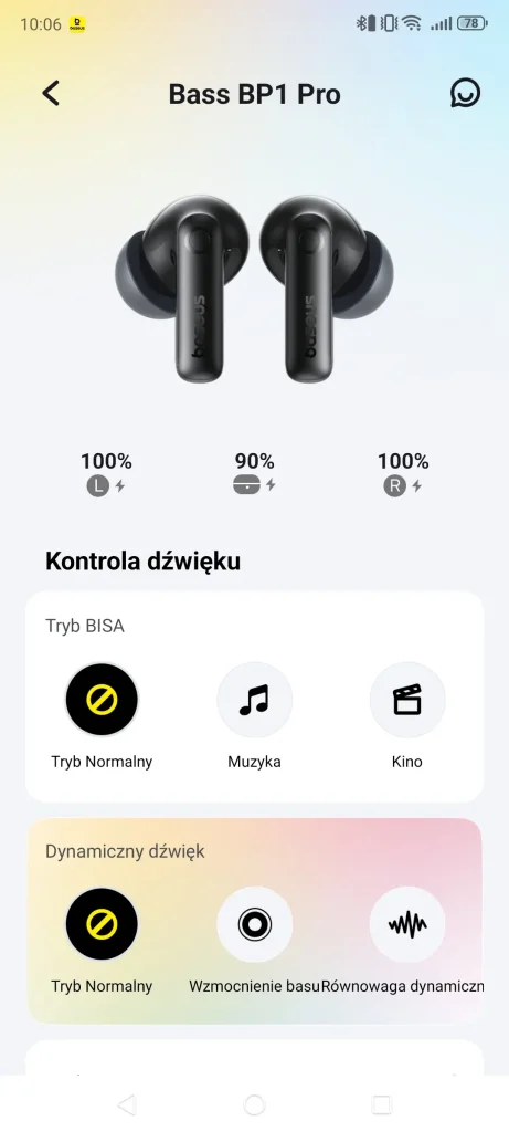 Ekran aplikacji Baseus BP1 Pro z widocznymi trybami dźwięku: Tryb BISA, Tryb Normalny, Muzyka, Kino oraz profile: Wzmocnienie basu i Równowaga dynamiczna.