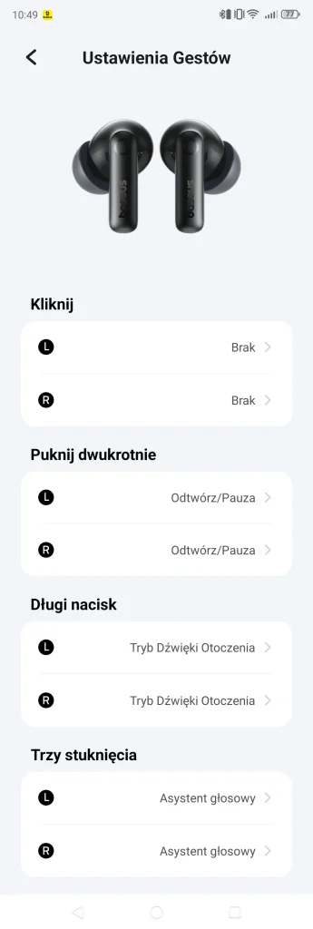 Szczegółowe ustawienia gestów w aplikacji Baseus BP1 Pro – kliknięcie, dwukrotne stuknięcie, długi nacisk, trzy stuknięcia.