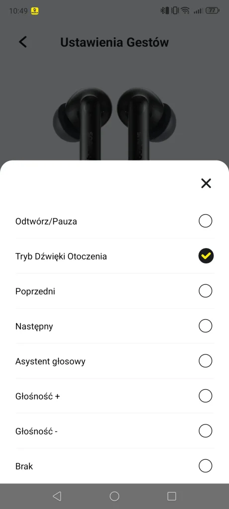 Ekran ustawień gestów w aplikacji Baseus BP1 Pro – wybór funkcji dotykowej słuchawki.