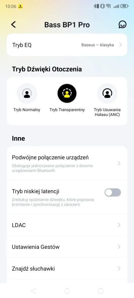 Ustawienia aplikacji Baseus BP1 Pro z trybem EQ, ANC, transparentnym i podwójnym połączeniem bluetooth.
