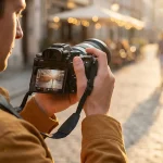 Fotograf trzyma aparat bezlusterkowy i kadruje ujęcie przez ekran LCD na ulicy o zachodzie słońca.