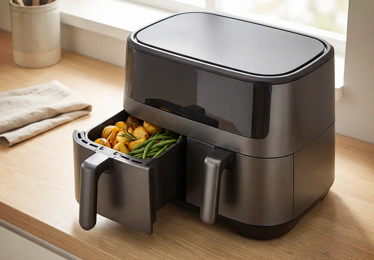Frytkownica air fryer na blacie w kuchni, wysunięta szuflada z pieczonymi ziemniakami i fasolką szparagową.