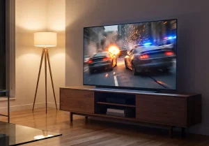 Telewizor OLED 65 cali w nowoczesnym salonie na drewnianej szafce RTV; na ekranie dynamiczny pościg samochodowy z wybuchem - ilustracja do rankingu najtańszy telewizor OLED 65 cali.