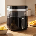 Kompaktowy air fryer na drewnianym blacie małej kuchni – obok surowe ziemniaki w misce i gotowe frytki na talerzu