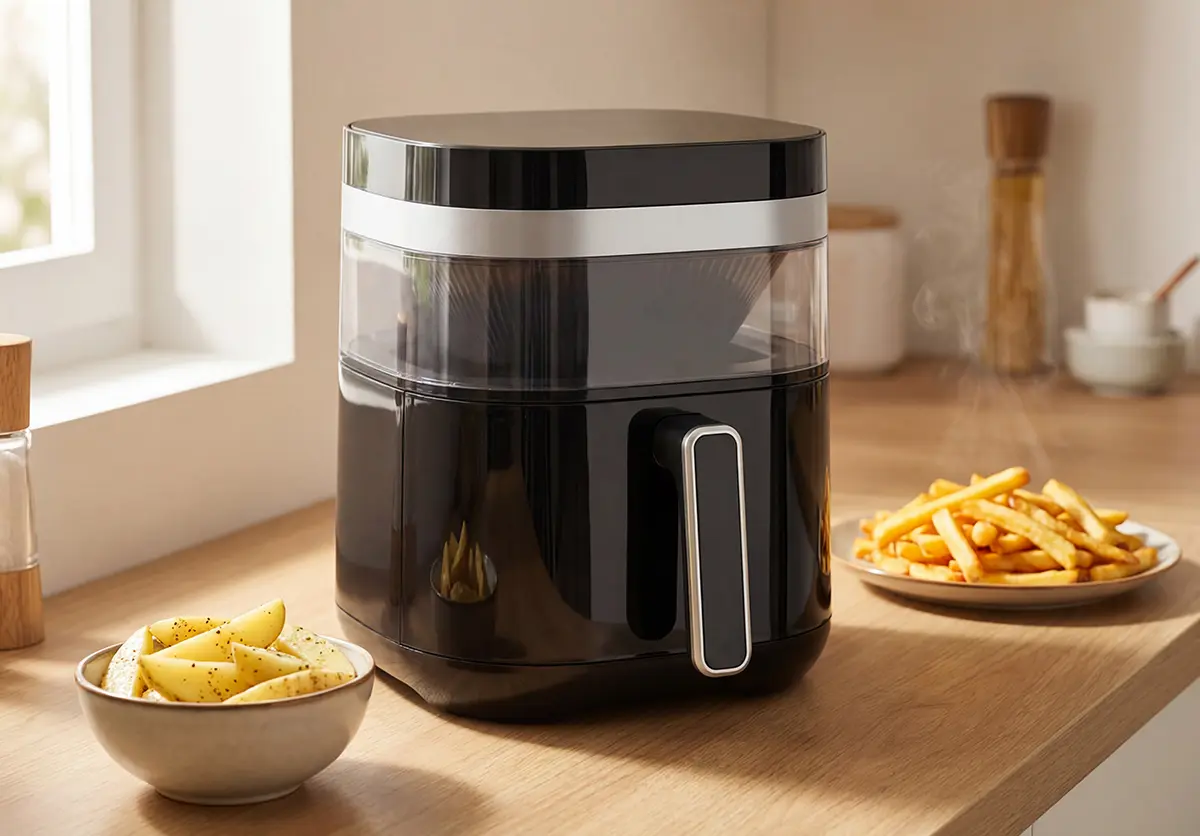 Kompaktowy air fryer na drewnianym blacie małej kuchni – obok surowe ziemniaki w misce i gotowe frytki na talerzu
