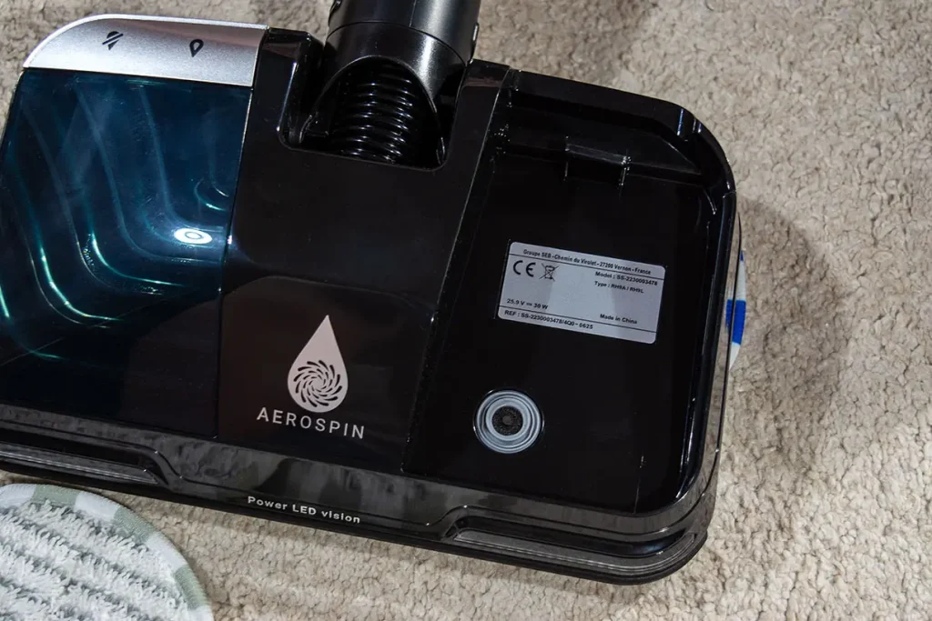 Etykieta głowicy AeroSpin Aqua odkurzacza Tefal X-Force Flex 16.60 – 25,9V, 30W, Groupe SEB Vernon Francja