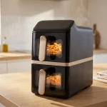 Dwukomorowy air fryer pionowy na drewnianym blacie kuchennym – w górnym koszu widoczne złociste frytki, w dolnym filet z łososia z ziołami