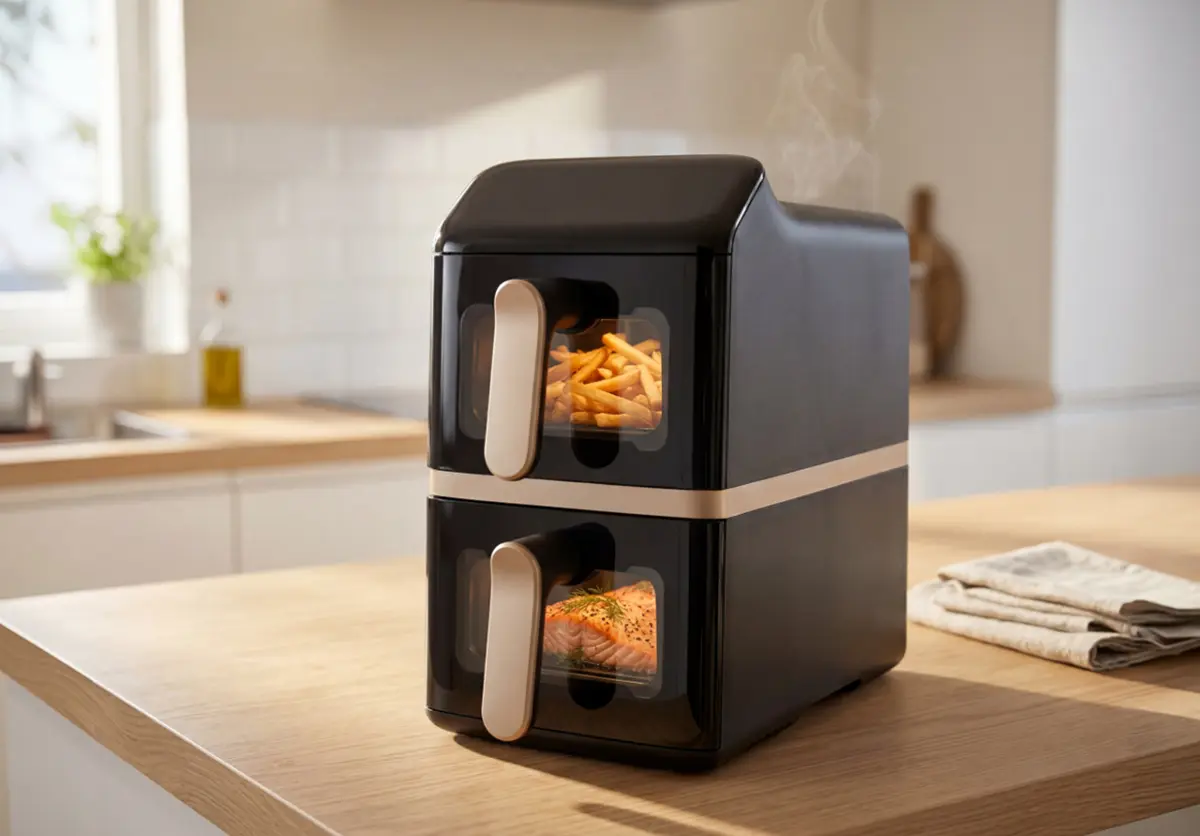 Dwukomorowy air fryer pionowy na drewnianym blacie kuchennym – w górnym koszu widoczne złociste frytki, w dolnym filet z łososia z ziołami