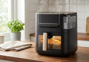 Air fryer z funkcją pary i widocznym zbiornikiem na wodę podczas pieczenia fileta z łososia z ziołami, para unosi się nad urządzeniem