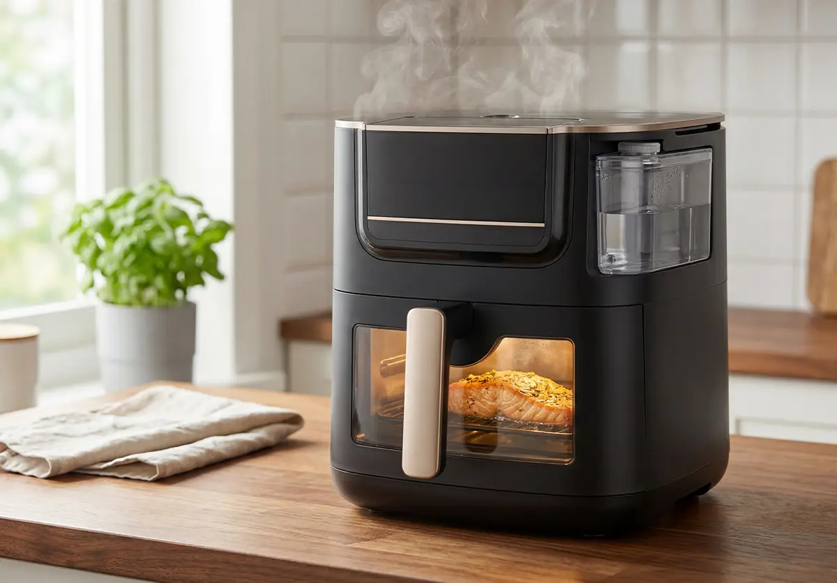 Air fryer z funkcją pary i widocznym zbiornikiem na wodę podczas pieczenia fileta z łososia z ziołami, para unosi się nad urządzeniem
